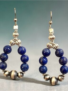Vintage Navajo Southwestern Sterling Silver Navajo Pearls Lapis Dangle Earrings